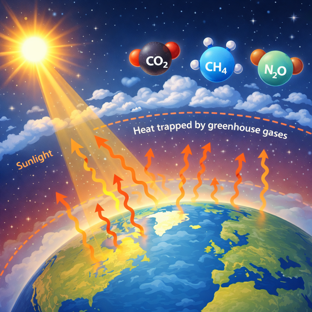 Illustration of the greenhouse effect showing sunlight reaching Earth and heat being trapped by greenhouse gases CO2, methane and N2O, monitored using infrared spectroscopy