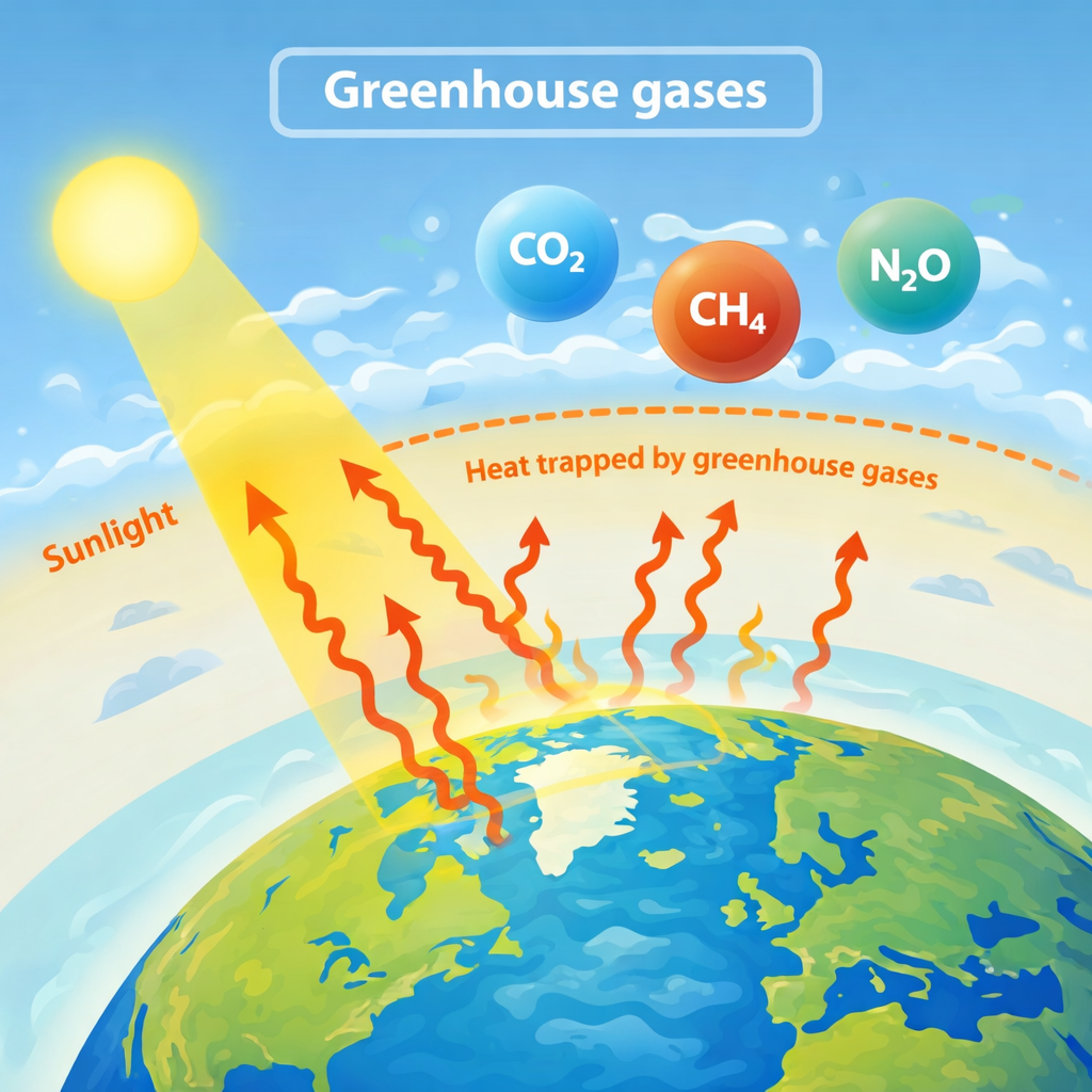 Infrared spectroscopy diagram showing greenhouse gases including carbon dioxide, methane, nitrous oxide and ozone