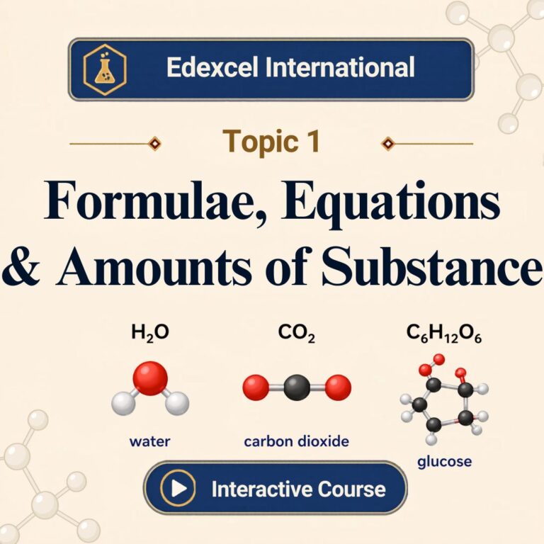 Edexcel International A Level Chemistry Topic 1 banner showing water H2O, carbon dioxide CO2 and glucose C6H12O6 molecular models