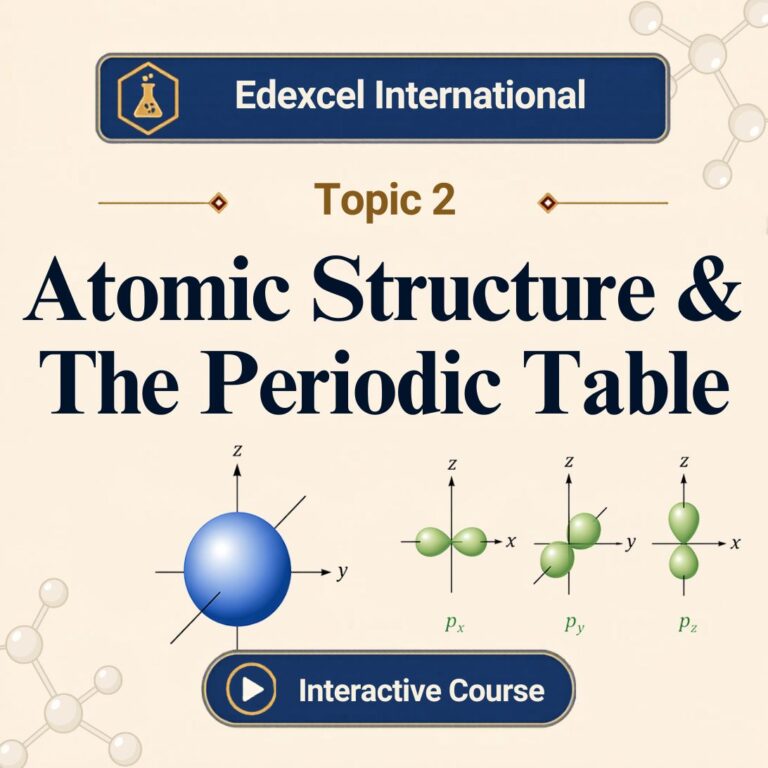 Edexcel International A Level Chemistry Topic 2 banner showing atomic orbitals including s orbital and p orbitals px py pz