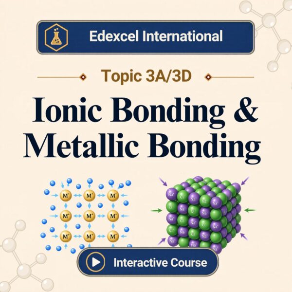 Edexcel International A Level Chemistry Topic 3A/3D banner showing metallic bonding with positive ions and delocalised electrons and an ionic lattice of Na and Cl ions