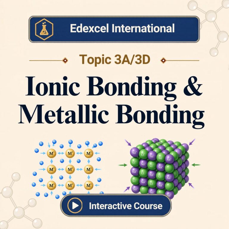 Edexcel International A Level Chemistry Topic 3A/3D banner showing metallic bonding with positive ions and delocalised electrons and an ionic lattice of Na and Cl ions