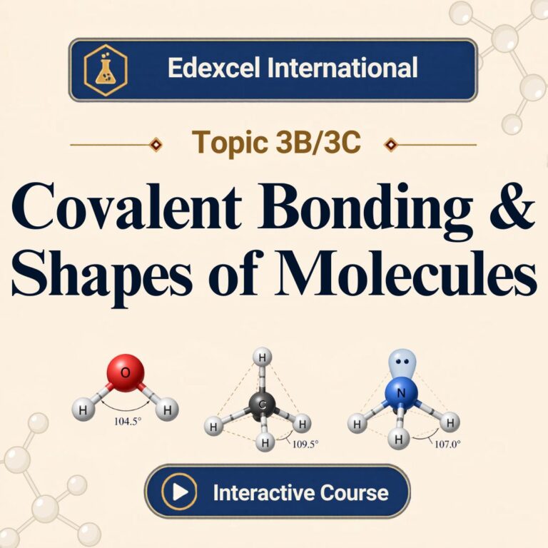 Edexcel International A Level Chemistry Topic 3B/3C banner showing water methane and ammonia molecular shapes with bond angles 104.5 109.5 and 107 degrees