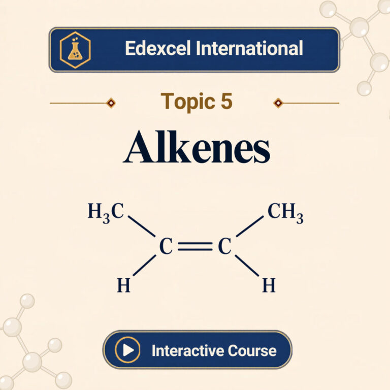 Edexcel International A Level Chemistry Topic 5 Alkenes banner showing a carbon carbon double bond with CH3 and hydrogen groups attached
