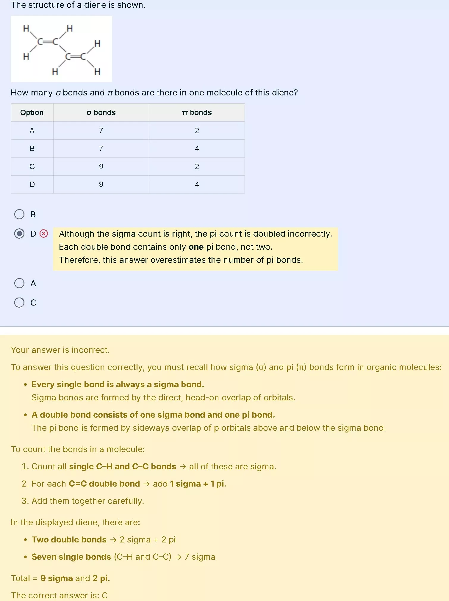A Level Chemistry MCQ: Sigma and Pi Bonds in Alkenes (Topic 5, Edexcel International) A Level Chemistry multiple choice question on alkenes showing a diene structure and asking for the number of sigma and pi bonds with feedback explanation