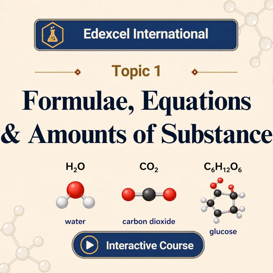 Edexcel International A Level Chemistry Topic 1 banner showing water H2O, carbon dioxide CO2 and glucose C6H12O6 molecular models