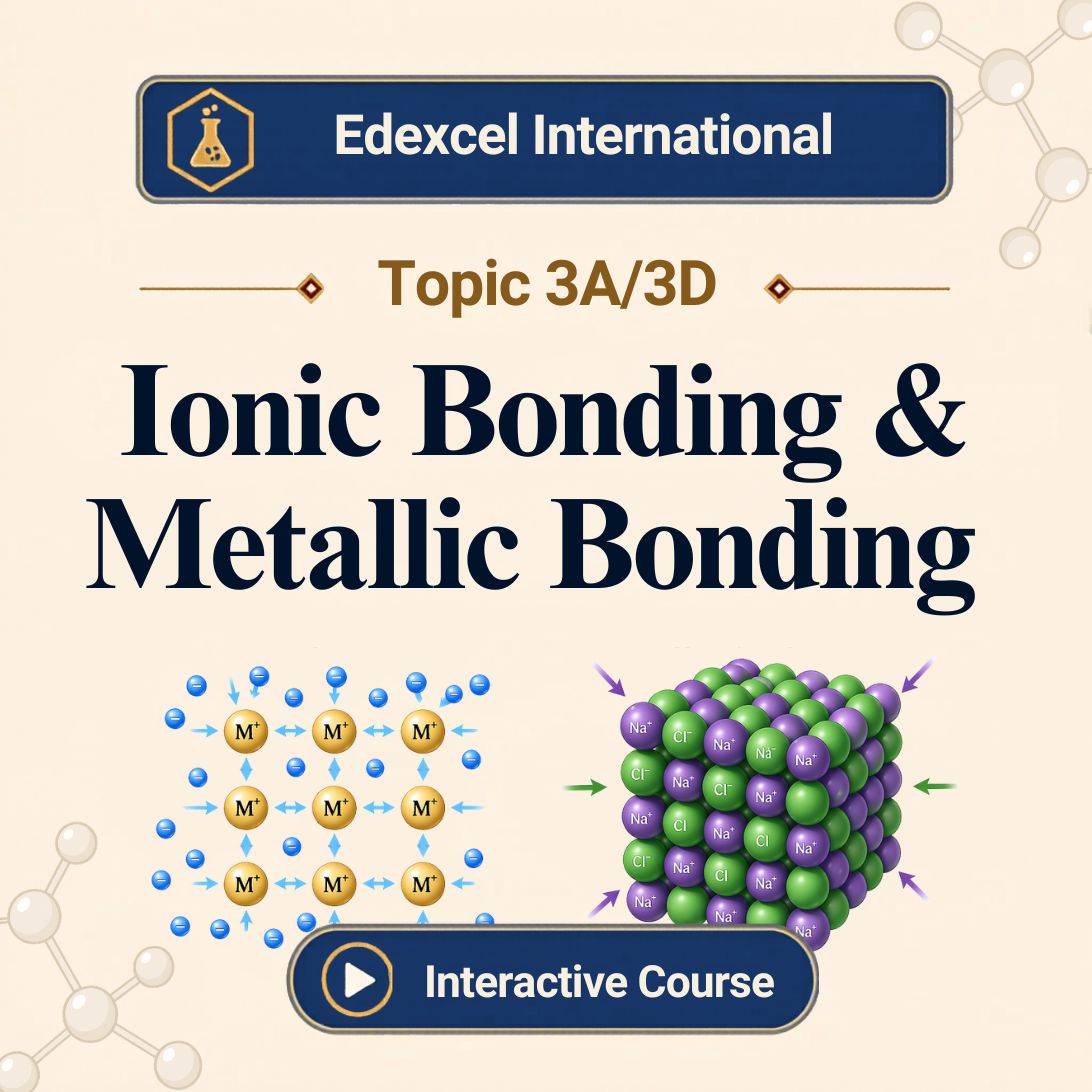 Edexcel International A Level Chemistry Topic 3A/3D banner showing metallic bonding with positive ions and delocalised electrons and an ionic lattice of Na and Cl ions