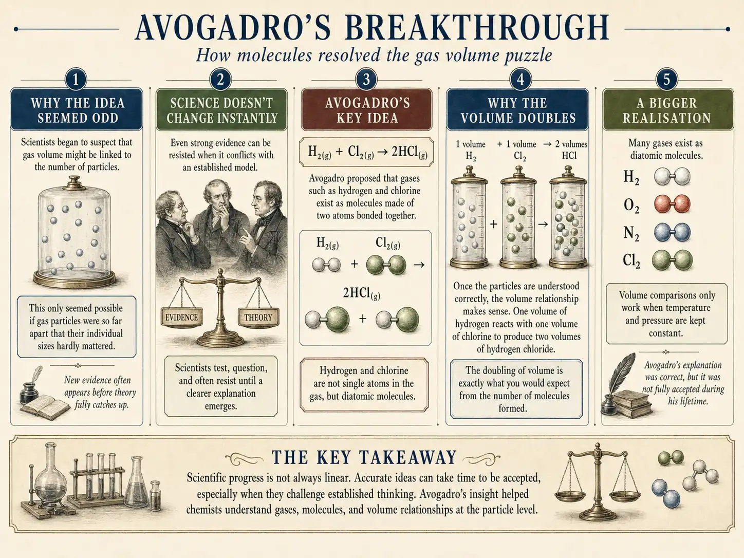 Infographic explaining Avogadro's breakthrough using diatomic molecules and gas volume ratios