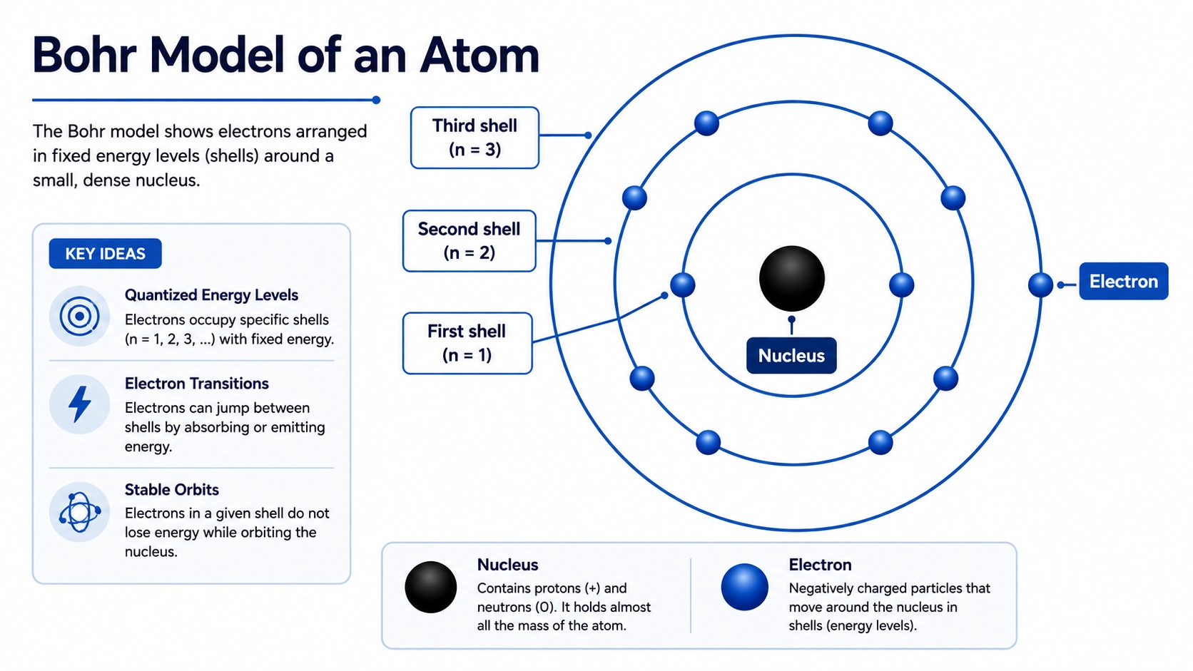 Bohr model diagram showing the nucleus and electron shells of an atom