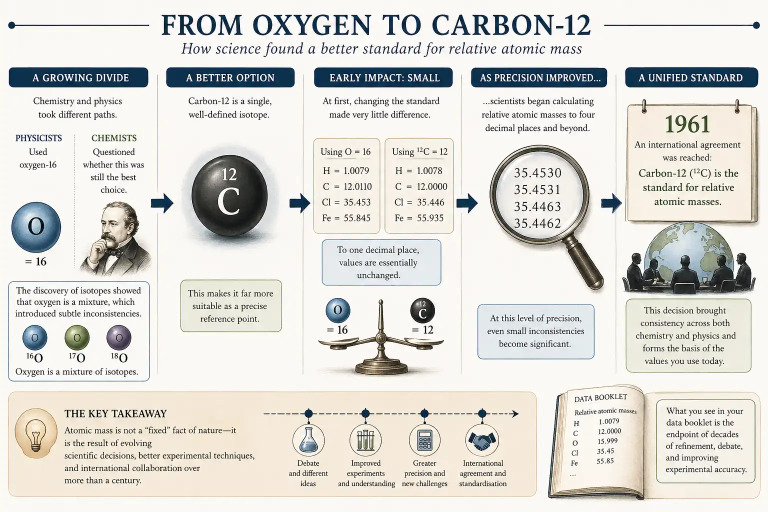 Infographic explaining the shift from oxygen standards to carbon-12 for relative atomic mass