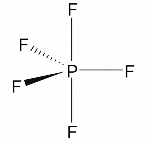PF5 trigonal bipyramidal molecular shape showing five bonding pairs around phosphorus and bond angles of 90 and 120 degrees