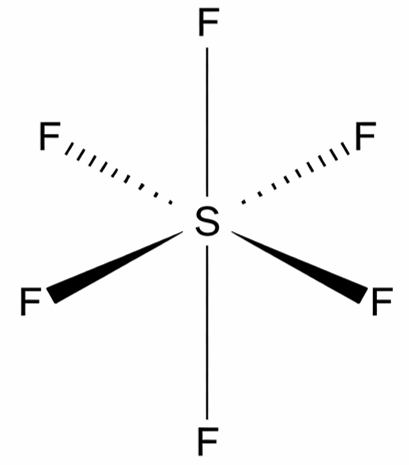 SF6 octahedral molecular shape showing six bonding pairs around sulfur and 90 degree bond angles