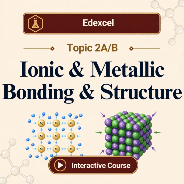 Edexcel Topic 2A/B Ionic and Metallic Bonding and Structure interactive chemistry course cover with metallic bonding and ionic lattice diagrams.