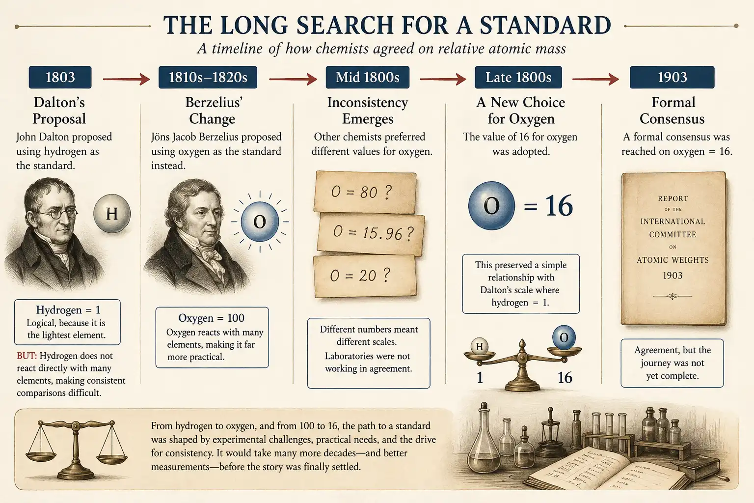Infographic showing the historical development of relative atomic mass standards from hydrogen to oxygen
