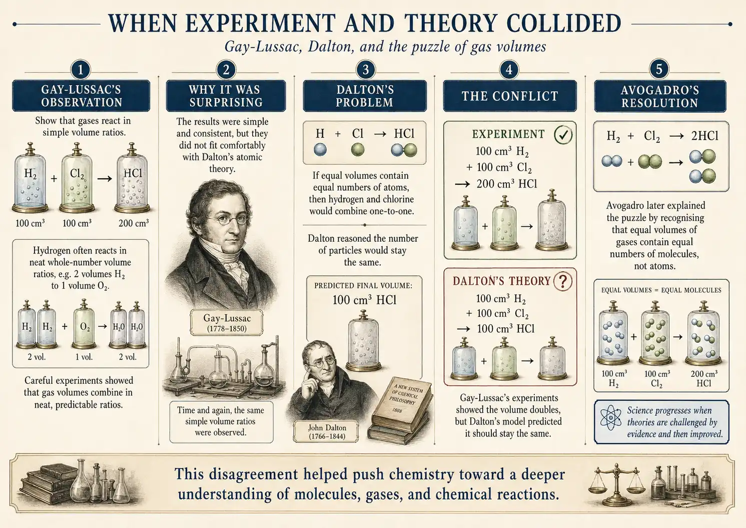 Infographic explaining the conflict between Gay-Lussac's gas volume evidence and Dalton's atomic model