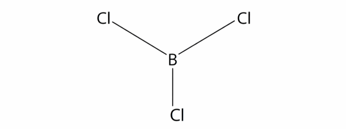 Displayed formula of boron trichloride showing boron bonded to three chlorine atoms in a trigonal planar arrangement
