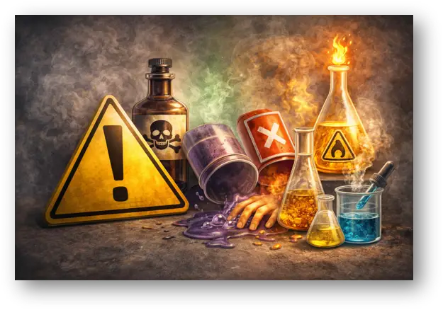 Laboratory hazard scene with warning signs, chemical containers and flammable materials.