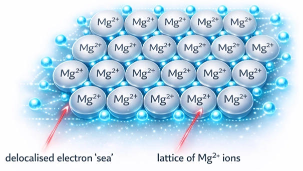 Giant metallic lattice structure showing positive Mg2+ ions surrounded by a sea of delocalised electrons