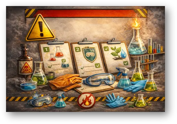 Laboratory risk reduction scene with safety goggles, gloves, checklists and chemical equipment.