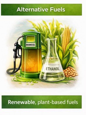 Illustration comparing fossil fuels with plant-based alternative fuels.