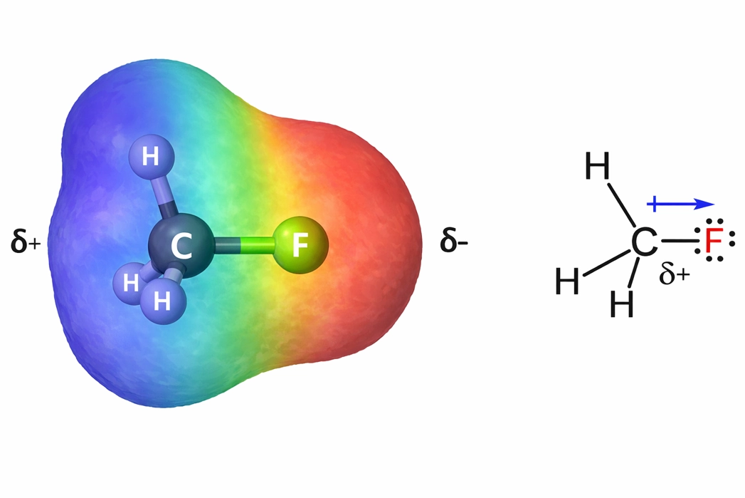 Polar C-F bond in CH3F showing partial charges and molecular electron density