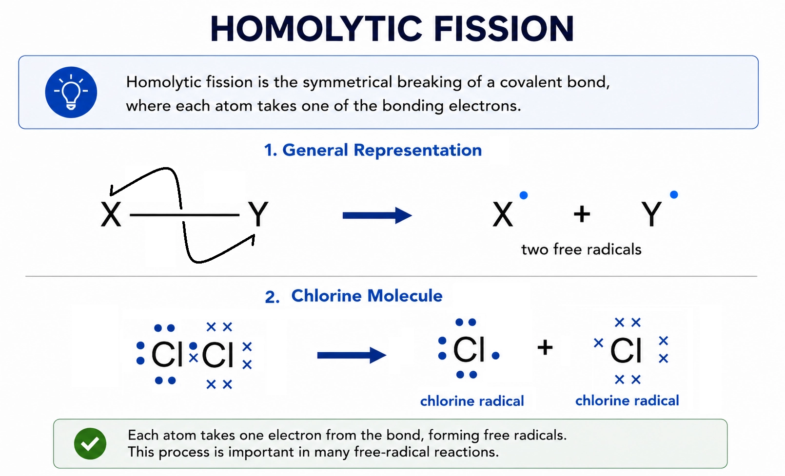 Homolytic fission showing each atom taking one electron from a covalent bond to form free radicals.