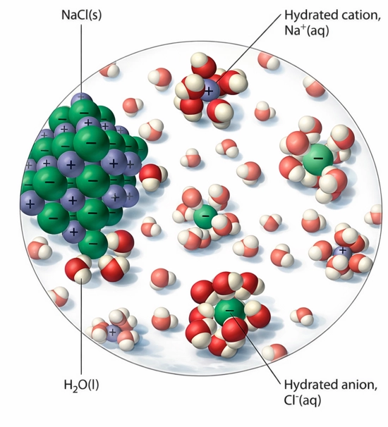 Hydrated sodium and chloride ions in water
