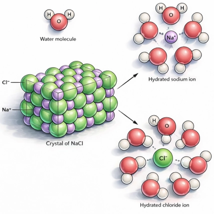 Sodium chloride lattice dissolving as water molecules form hydrated sodium and chloride ions