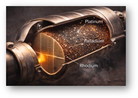 Cutaway diagram of a catalytic converter showing a ceramic honeycomb coated with platinum, palladium and rhodium