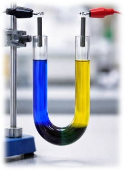 Copper chromate solution after ion migration with blue and yellow ions moving to opposite electrodes