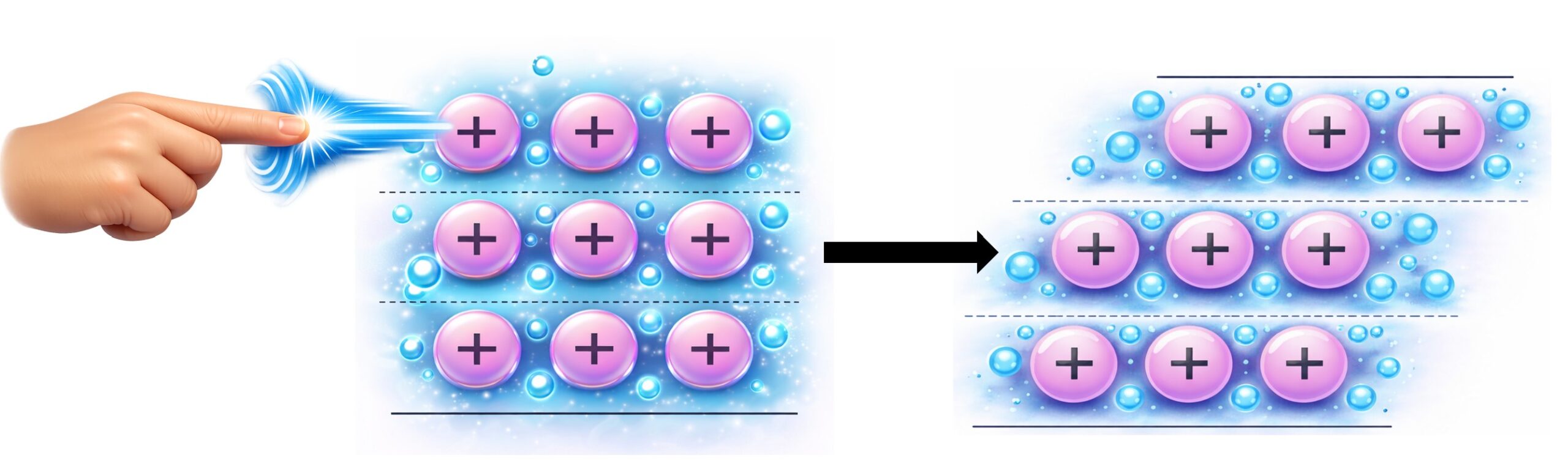 Layers of positive metal ions sliding over each other in a metallic lattice