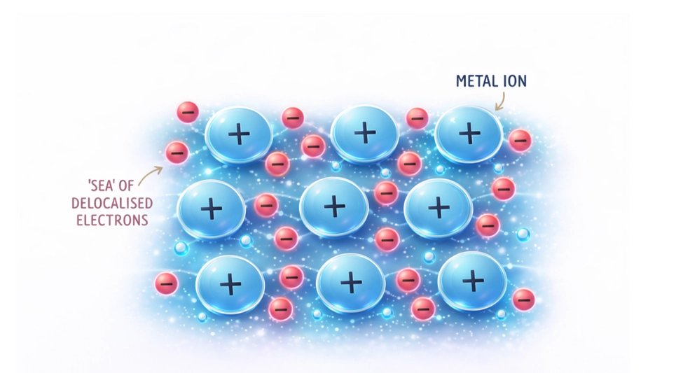 Metallic bonding strength factors table showing protons, delocalised electrons and ion size
