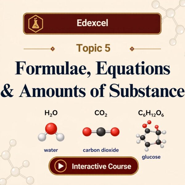 Edexcel A Level Chemistry Topic 5 revision course cover image titled “Formulae, Equations & Amounts of Substance”, featuring molecular models of water (H₂O), carbon dioxide (CO₂), and glucose (C₆H₁₂O₆), with an Interactive Course button at the bottom.