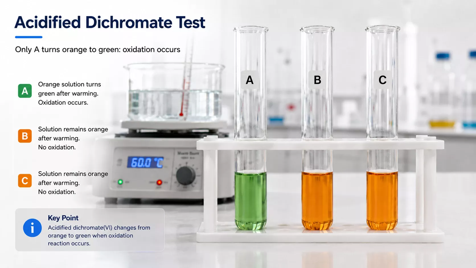 Acidified potassium dichromate test showing orange to green colour change for A