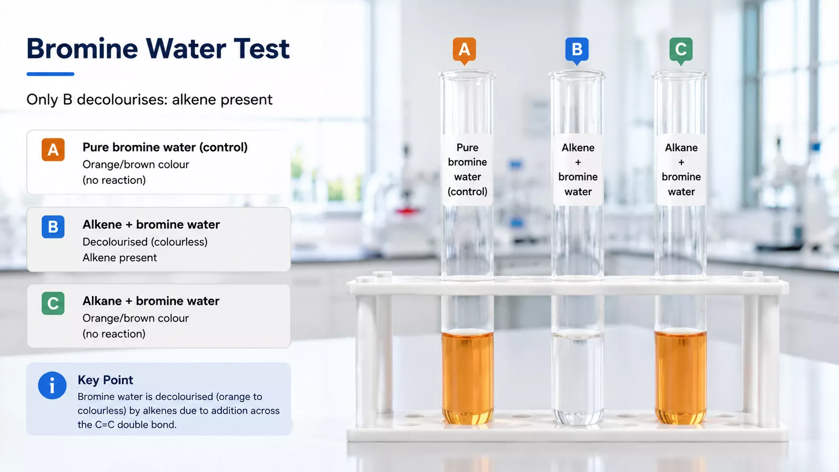 Bromine water test showing only B decolourising from orange to colourless