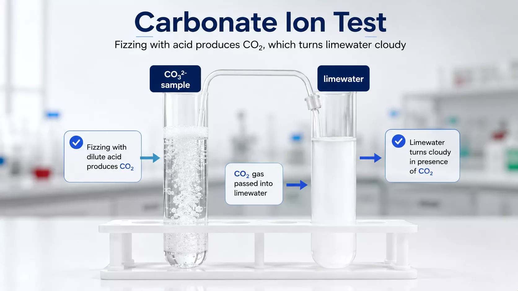 Carbonate ion test showing fizzing with acid and cloudy limewater