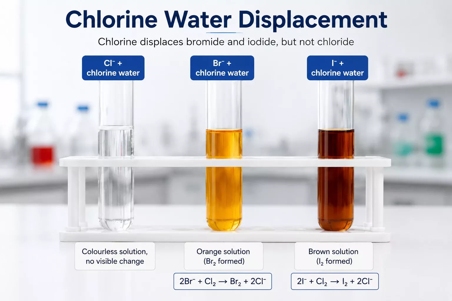 Chlorine water displacement reactions showing chloride bromide and iodide results