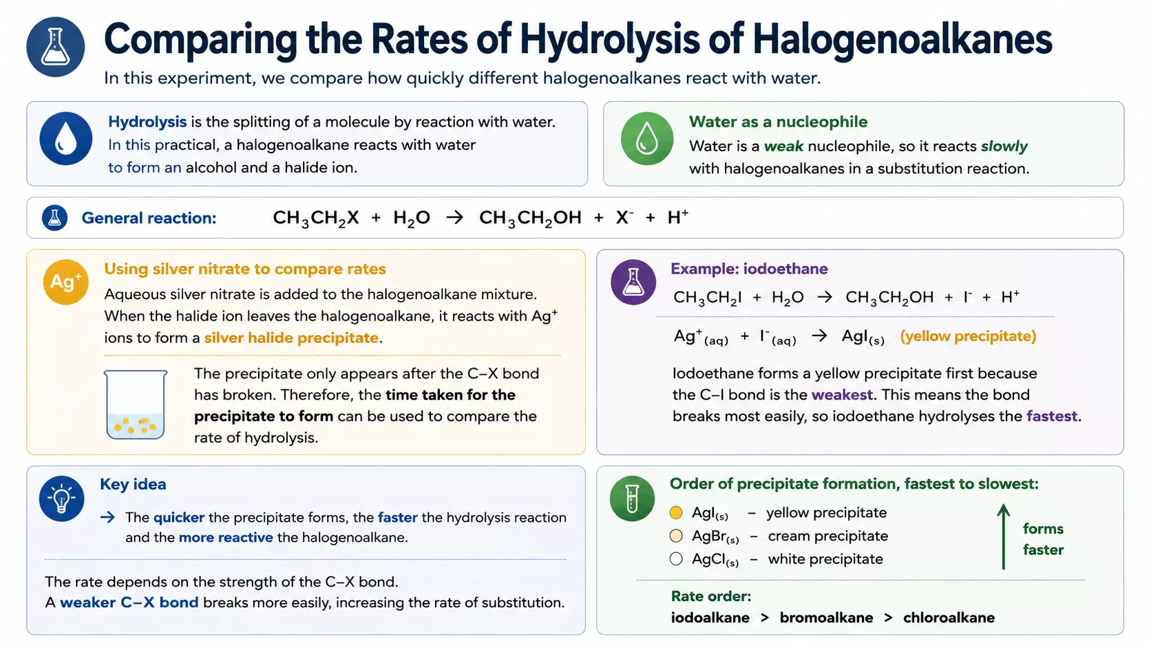 Infographic comparing the rates of hydrolysis of halogenoalkanes using silver nitrate precipitate formation.