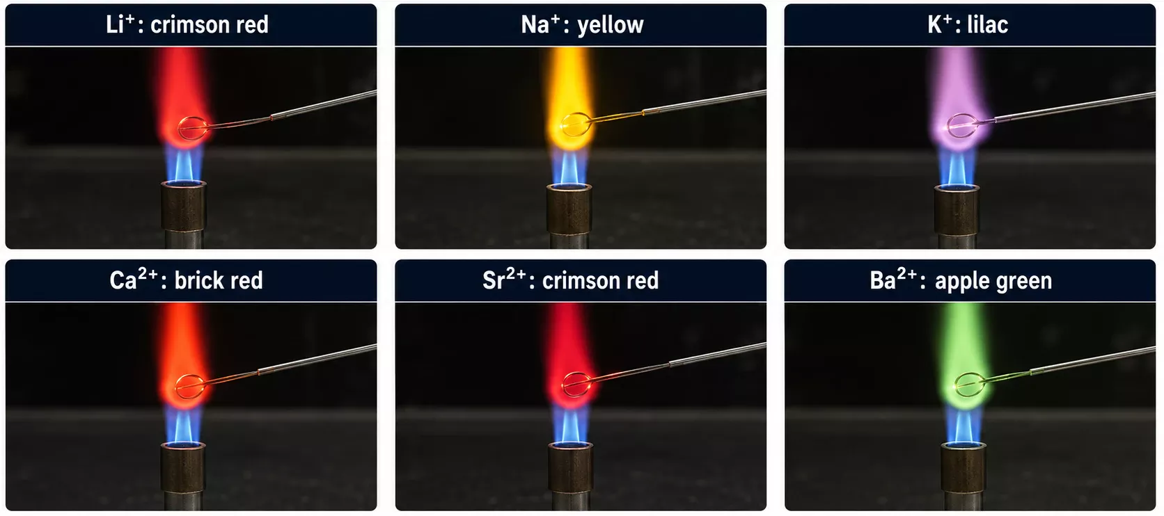 Flame test colours for required metal cations including lithium sodium potassium calcium strontium and barium