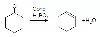 Dehydration of cyclohexanol to cyclohexene using concentrated phosphoric acid.