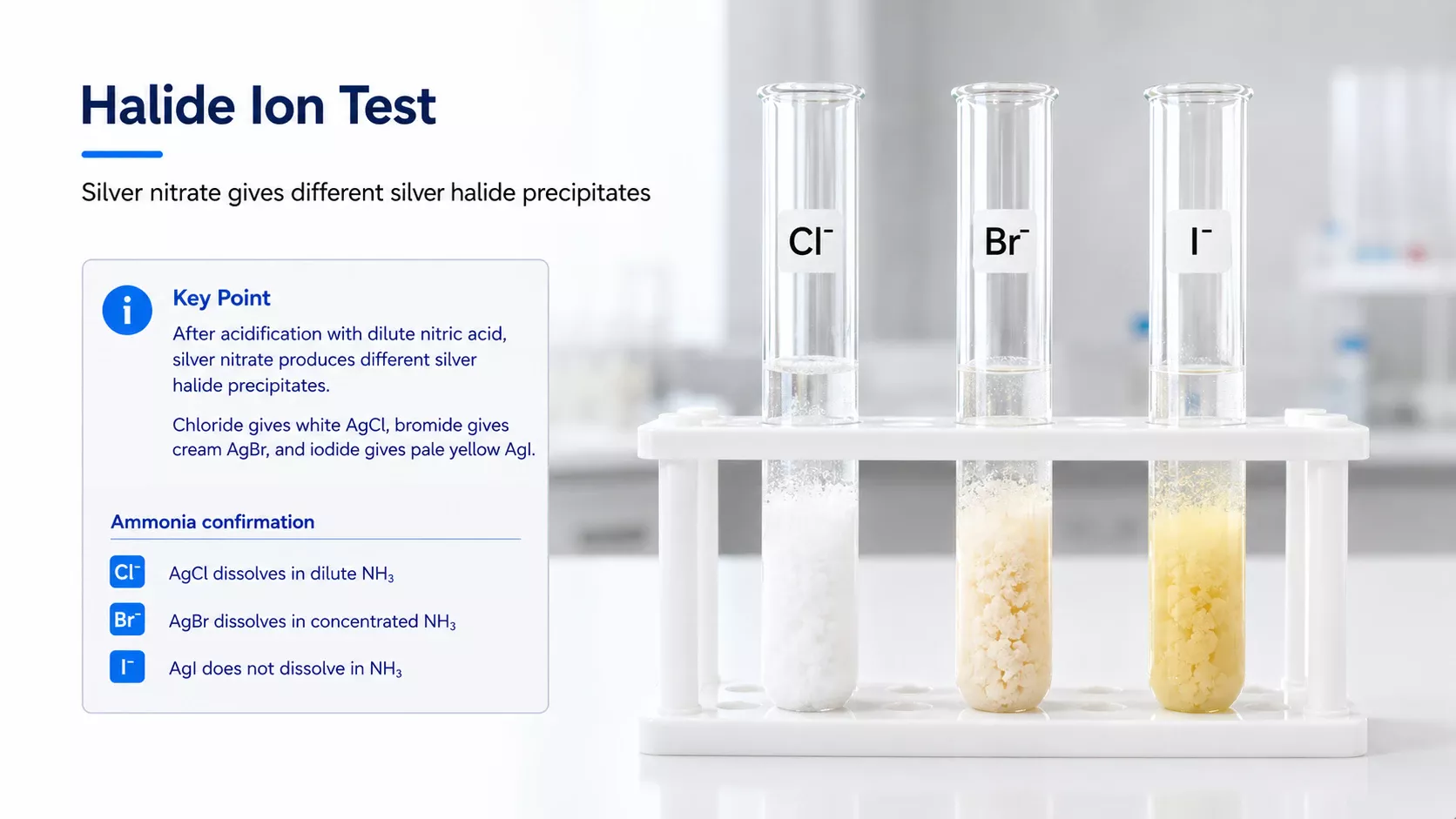 Halide ion test comparison showing white, cream and pale yellow silver halide precipitates