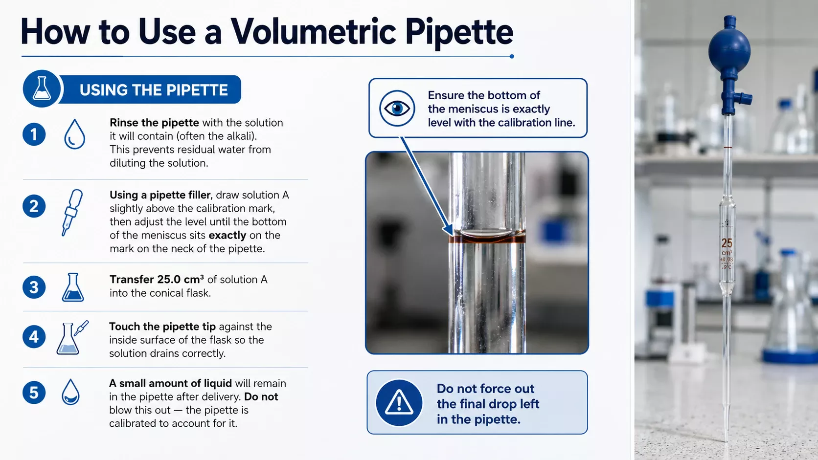 How to use a volumetric pipette, including rinsing, using a pipette filler, reading the meniscus, and not forcing out the final drop.