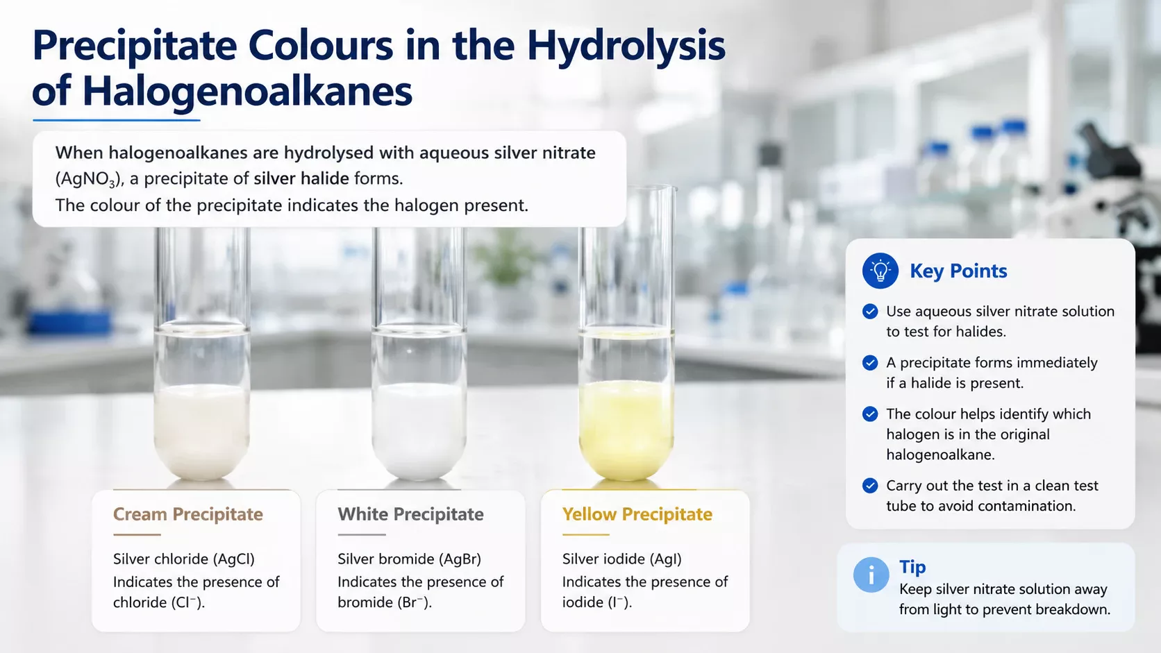 Precipitate colours in the hydrolysis of halogenoalkanes showing cream, white and yellow silver halide precipitates.