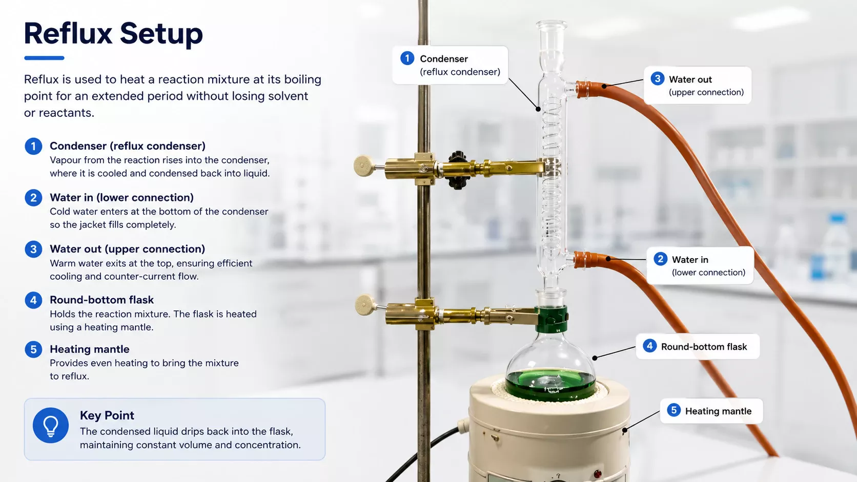 Reflux setup labelled with condenser, water in, water out, round-bottom flask and heating mantle.