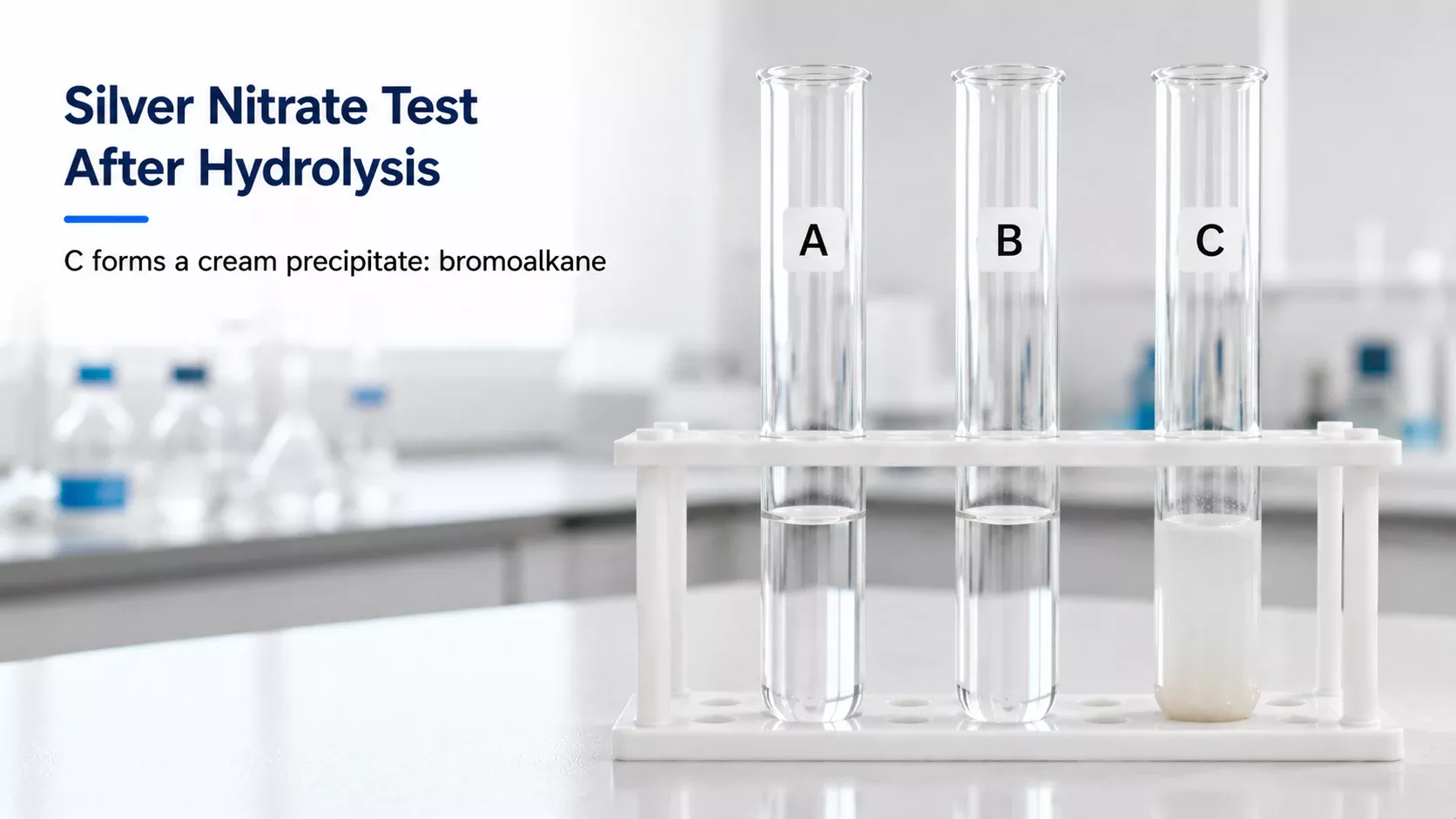 Silver nitrate test after hydrolysis showing cream precipitate for bromoalkane C