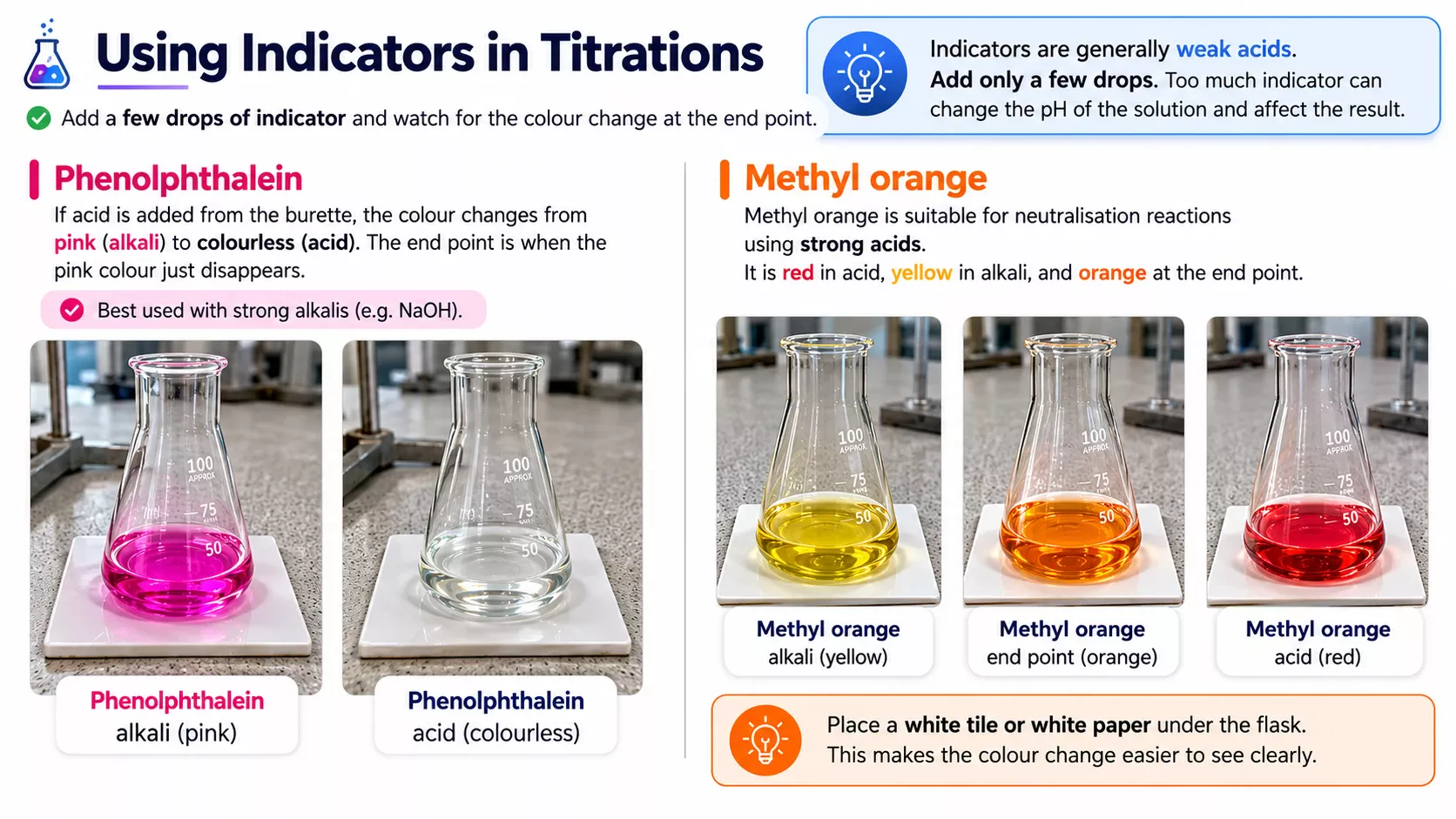 Using indicators in titrations, including phenolphthalein and methyl orange colour changes.