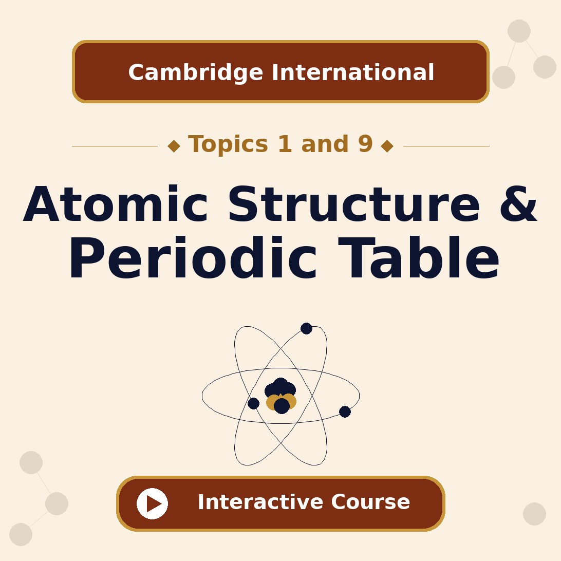 Cambridge International AS and A Level Chemistry Topics 1 and 9 Atomic Structure and the Periodic Table interactive course banner
