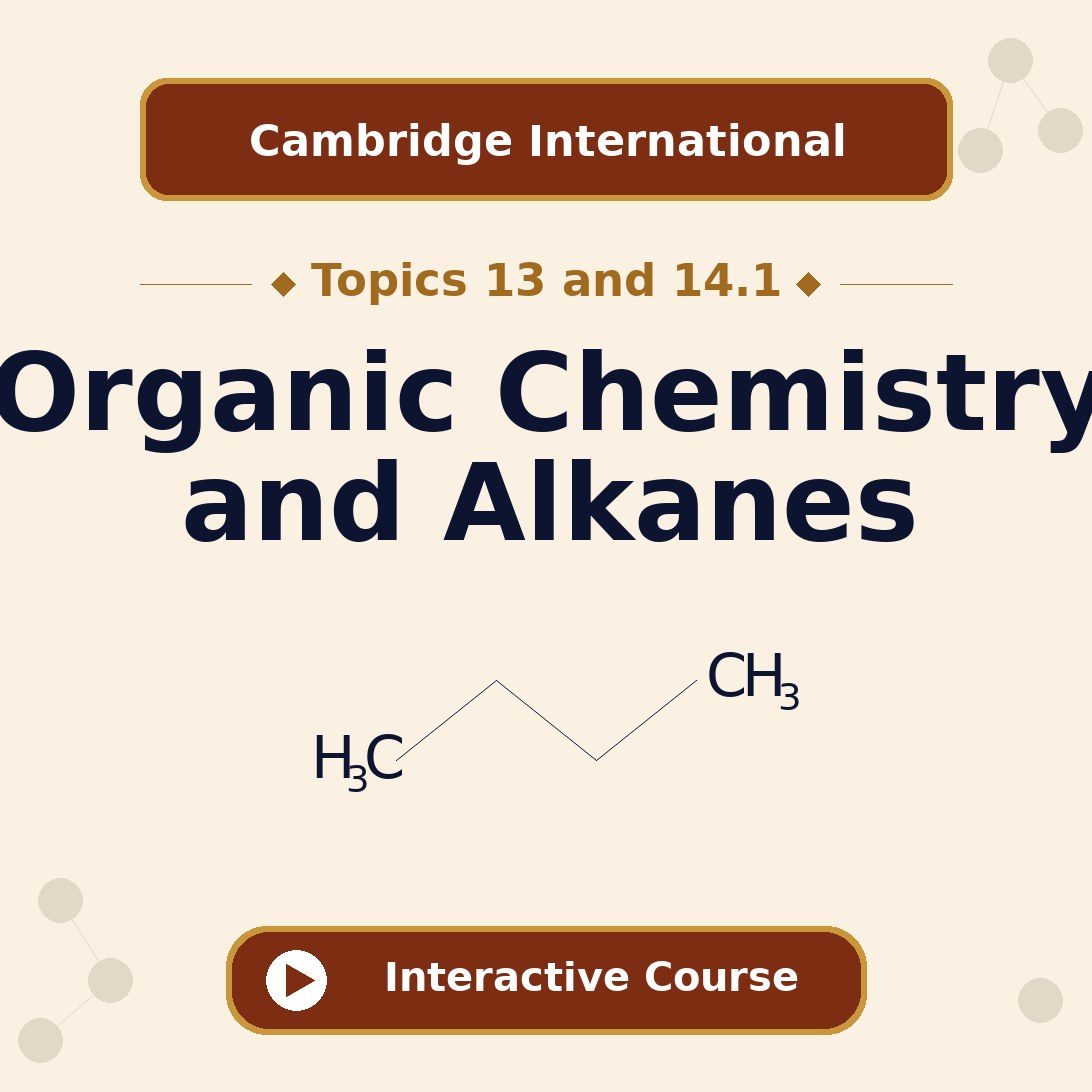 Cambridge International AS and A Level Chemistry Topics 13 and 14.1 Introduction to Organic Chemistry and Alkanes interactive course banner