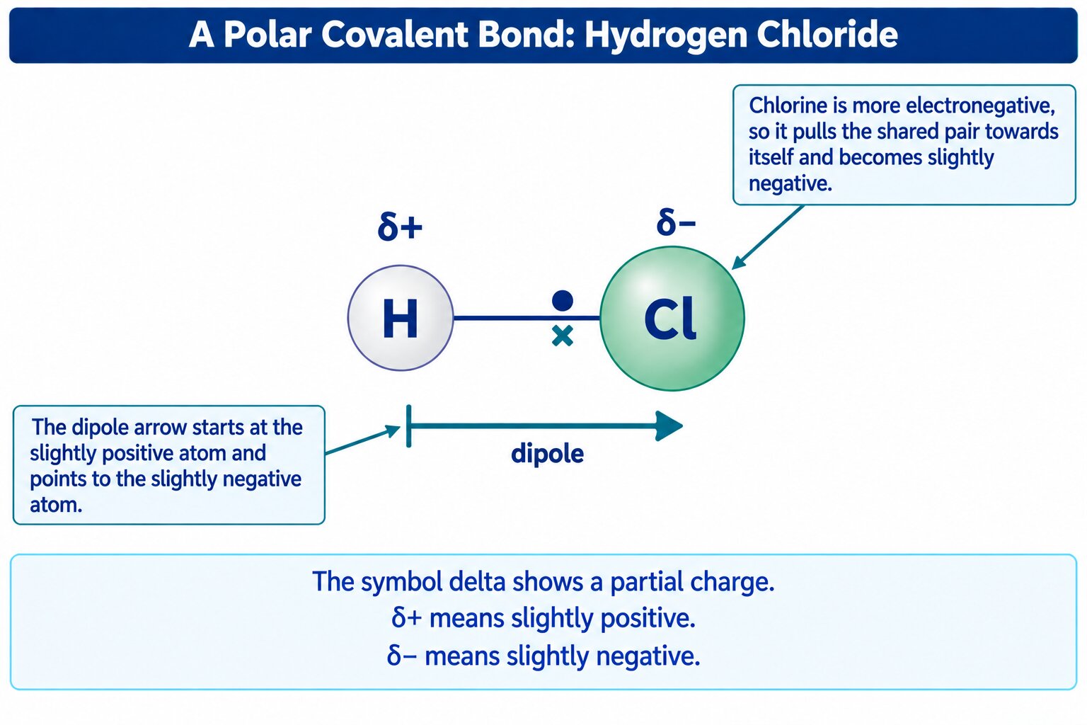 A polar H-Cl bond: chlorine pulls the shared pair, giving delta plus on hydrogen and delta minus on chlorine.