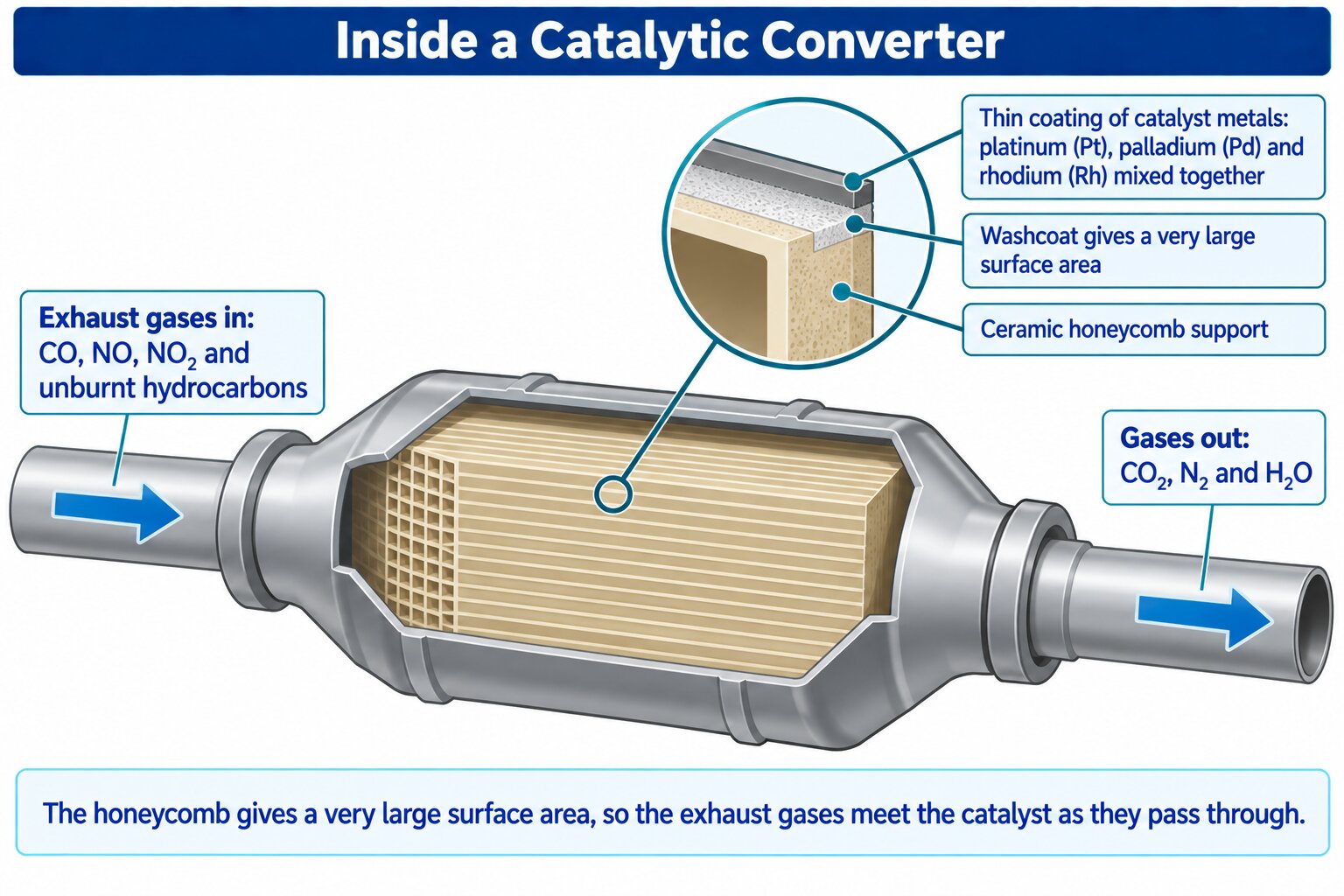 Cutaway of a catalytic converter: ceramic honeycomb with channels running end to end, coated with a thin Pt/Pd/Rh layer.